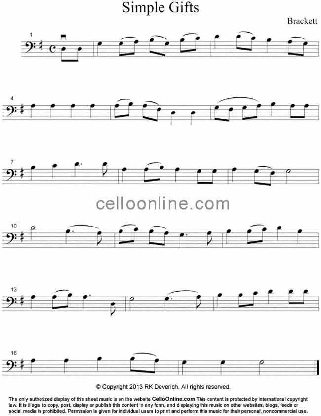Cello Online Free Cello Sheet Music - Simple Gifts - a Shaker dancing song